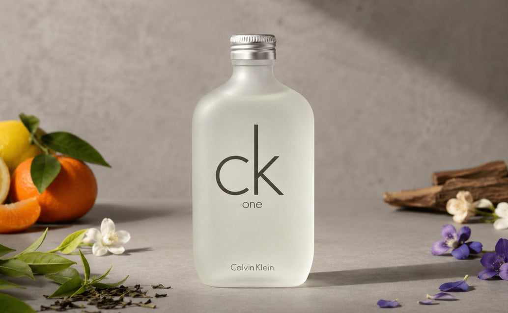 CK One bottle with citrus, florals, green tea, and sandalwood on a gray background.