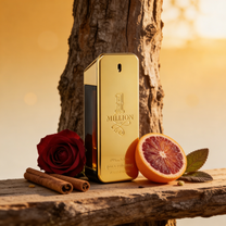 Gold '1 Million' perfume bottle with a red rose and sliced orange on a wooden surface.