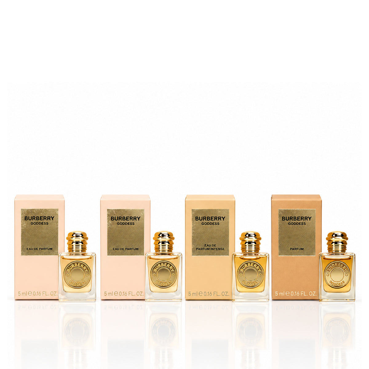 Burberry Goddess 4 Piece Mini Set with 2 Burberry Goddess EDP 0.16 oz, Burberry Goddess Intense EDP 0.16 oz, and Burberry Goddess Parfum 0.16 oz.