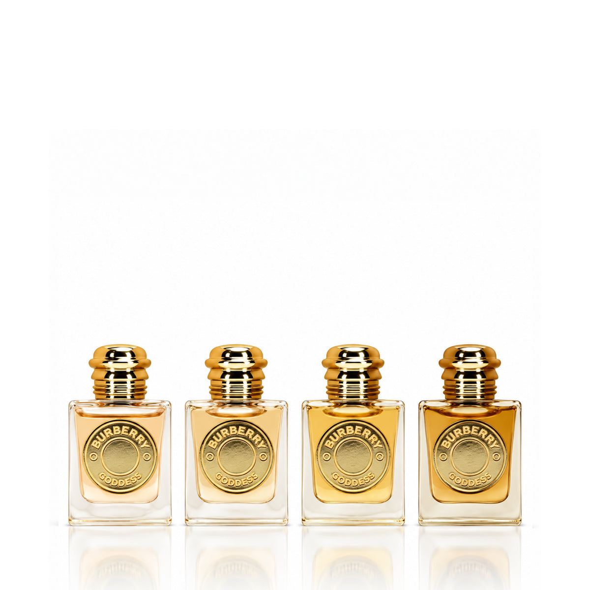 Burberry Goddess 4 Piece Mini Set with 2 Burberry Goddess EDP 0.16 oz, Burberry Goddess Intense EDP 0.16 oz, and Burberry Goddess Parfum 0.16 oz.