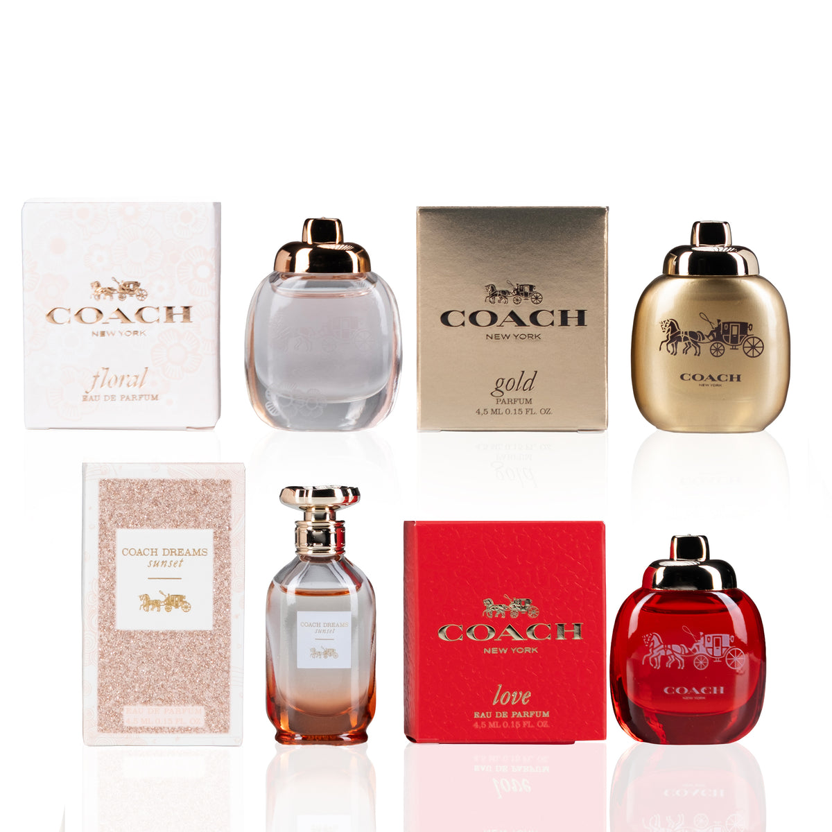 Coach New York Mini 4-Piece Gift Set with Floral Eau de Parfum, Gold Parfum, Dreams Sunset Eau de Parfum, and Love Eau de Parfum, all at 0.17 oz. each