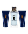 K 3-Piece Gift Set featuring 3.3 oz. Eau de Toilette, 1.7 oz. Aftershave, and 1.7 oz. Shower Gel.