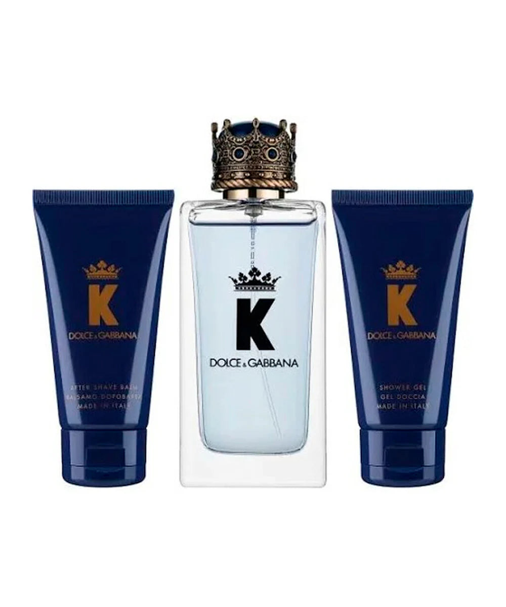 K 3-Piece Gift Set featuring 3.3 oz. Eau de Toilette, 1.7 oz. Aftershave, and 1.7 oz. Shower Gel.