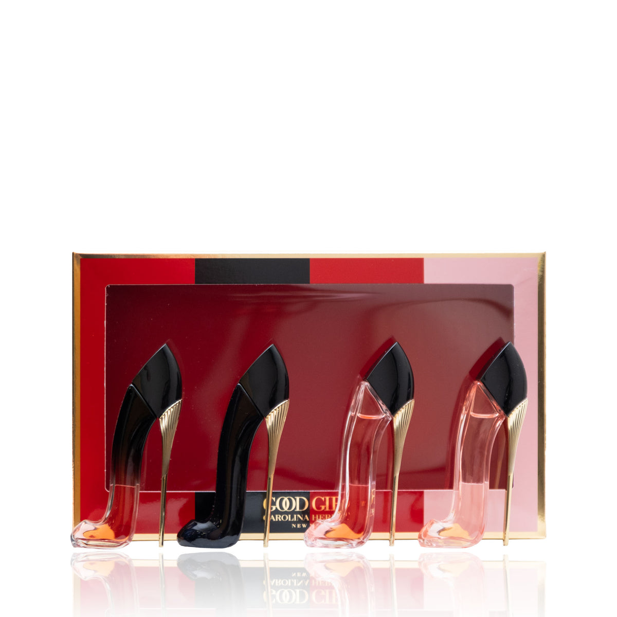 Good Girl 4-Piece Mini Set with 0.24 oz. Good Girl, 0.24 oz. Good Girl Blush, 0.24 Very Good Girl, and 0.24 oz. Good Girl Blush Elixir.