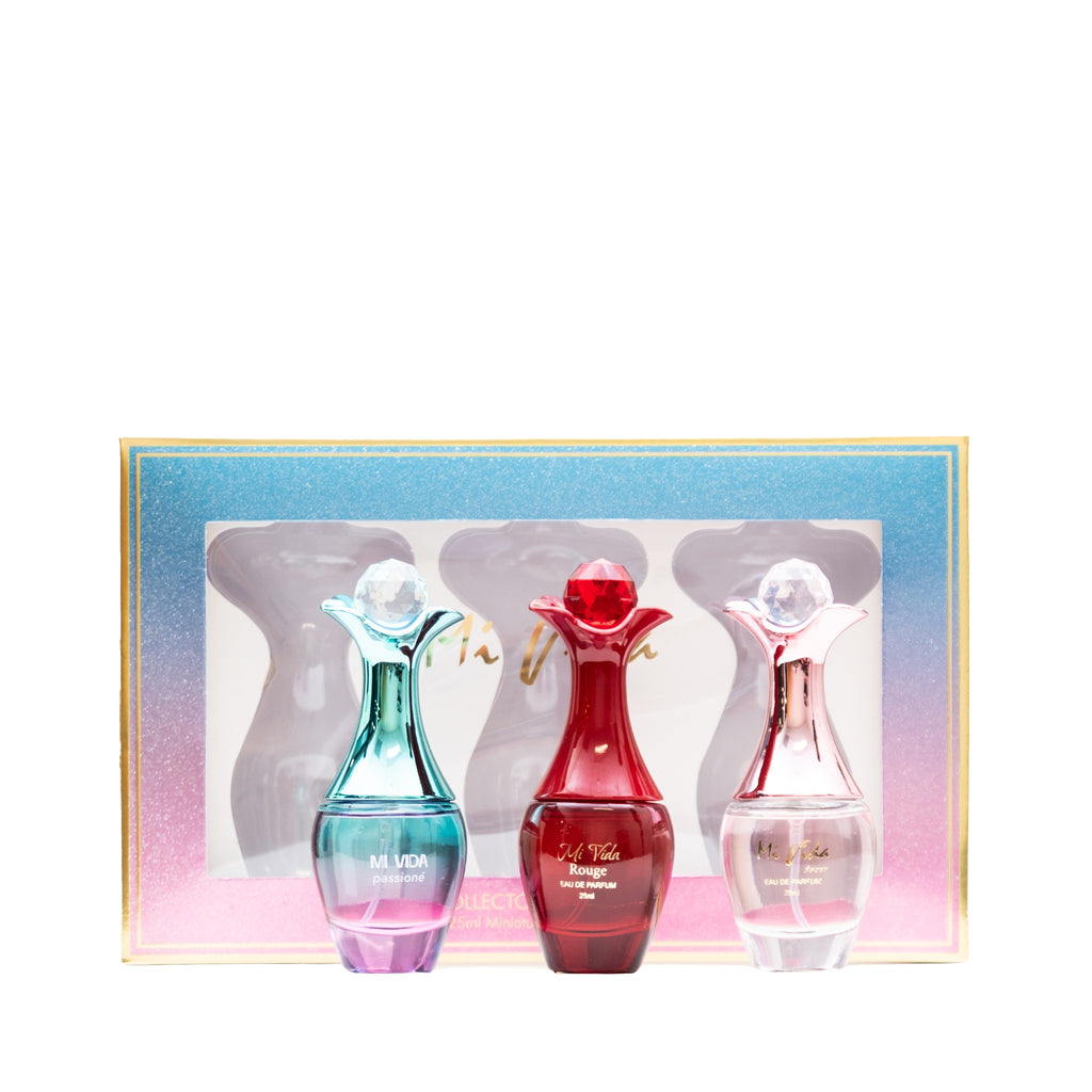 Mi Vida 3-Piece Mini Gift Set with 0.8 oz. Passione Eau de Parfum, 0.8 oz. Rouge Eau de Parfum, and 0.8 oz. Amour Eau de Parfum with box.