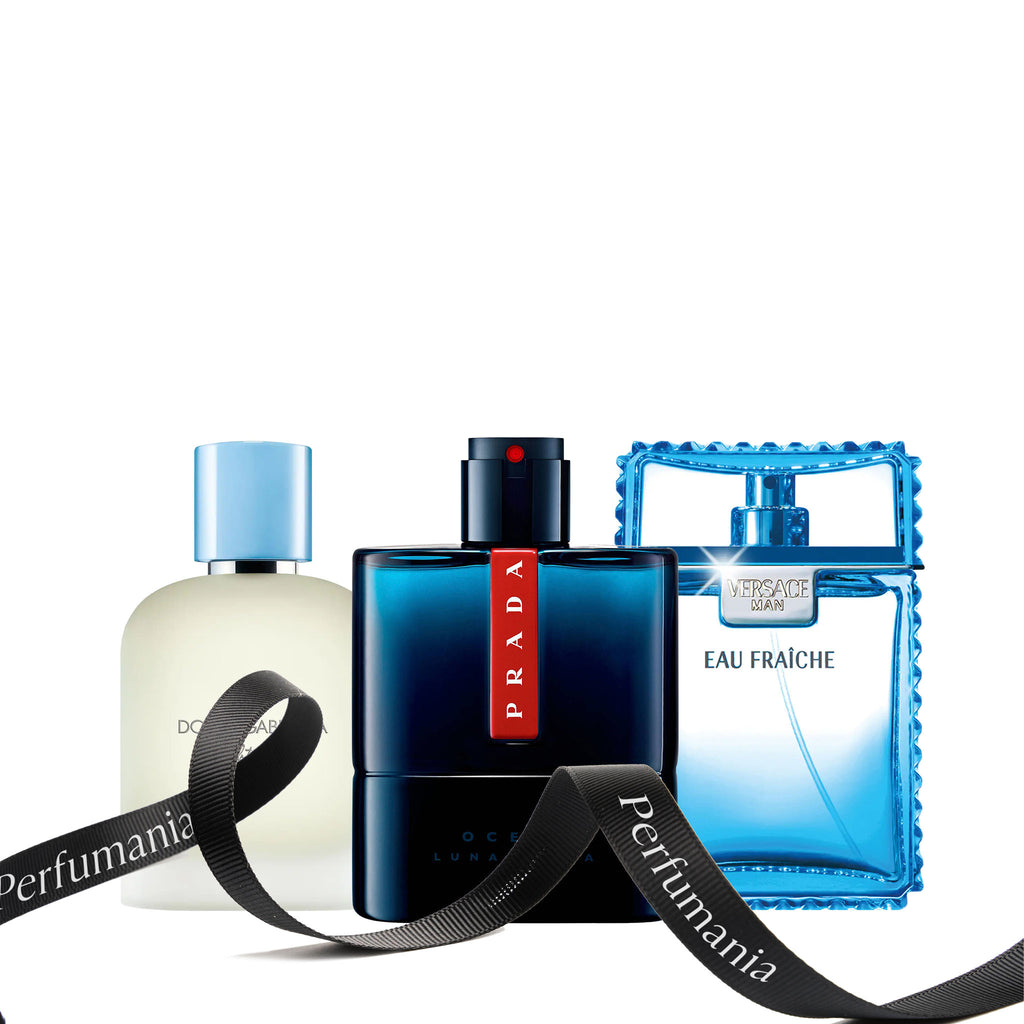Light Blue Eau de Toilette 4.2 oz. by Dolce and Gabbana, Luna Rosa Ocean Eau de Toilette 3.3 oz. by Prada, and Eau Fraiche Eau de Toilette 3.4 oz. by Versace.