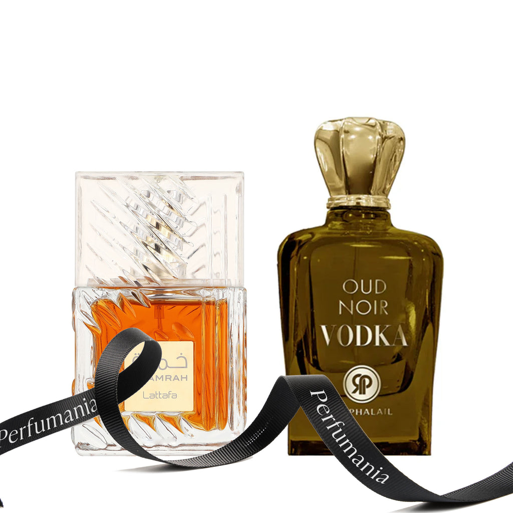 Khamrah Eau de Parfum 3.4 oz. by Lattafa and Oud Noir Vodka Eau de Parfum 3.4 oz. by Rai Phalail