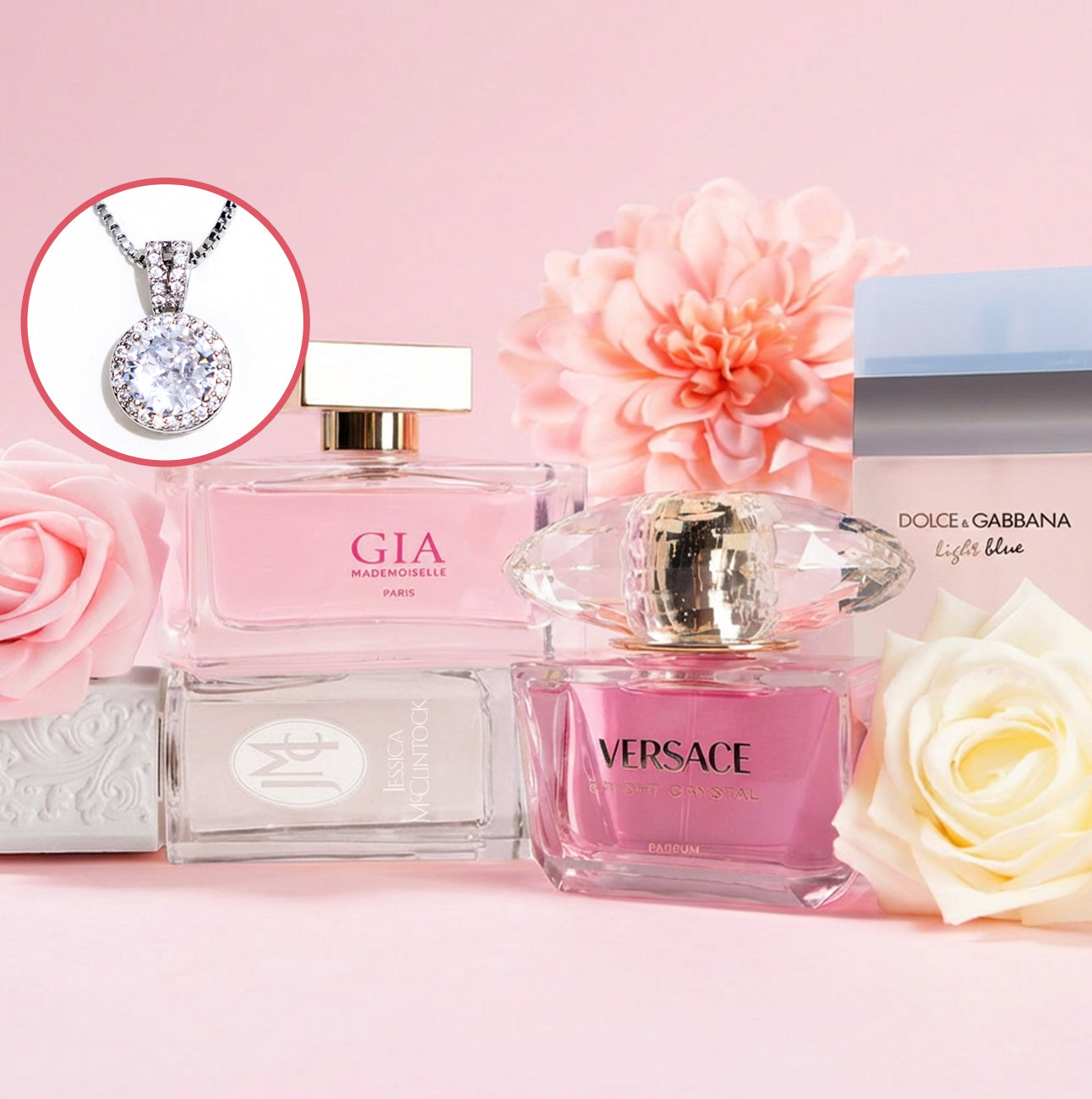 Mother’s Day perfume gift set featuring Versace, Dolce & Gabbana, and Gia fragrances with pink flowers and a diamond necklace inset on a soft background