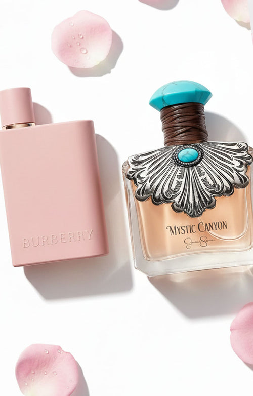New arrival perfumes featuring Burberry Her and Mystic Canyon bottles styled with soft pink petals on a clean background