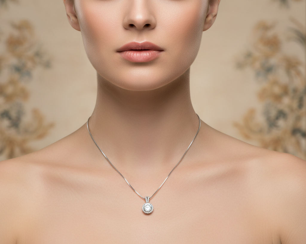 Woman wearing a silver necklace with a pendant against a neutral background