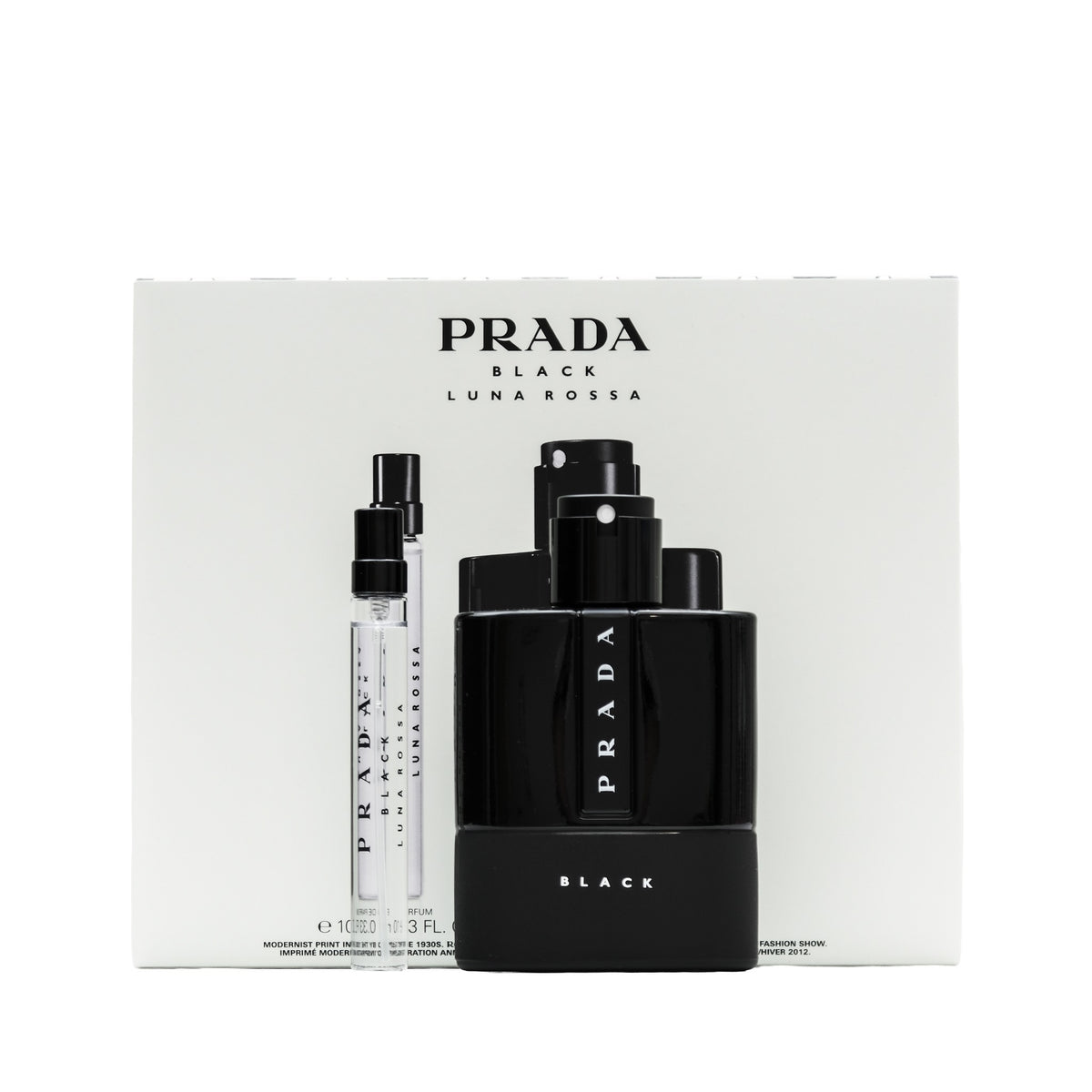 Luna Rossa Black Eau de Parfum of a 3.4 oz. size and a smaller 0.33 oz. size with box.