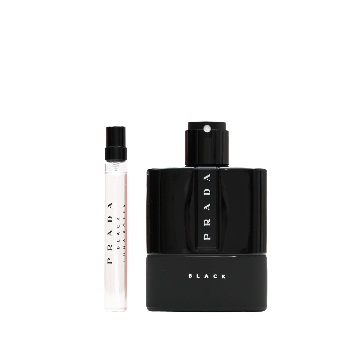 Luna Rossa Black Eau de Parfum of a 3.4 oz. size and a smaller 0.33 oz. size.