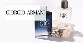 Giorgio Armani Acqua di Giò Profondo and Eau de Toilette bottles displayed on a stone with brand logo overlay.