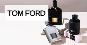 Tom Ford perfume collection featuring Black Orchid, Ombré Leather, and Grey Vetiver bottles displayed with the Tom Ford logo.