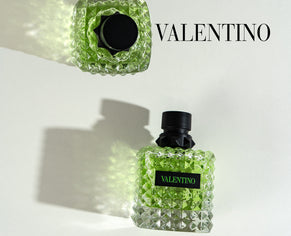 Valentino women’s perfume in a green glass bottle styled on a white background.