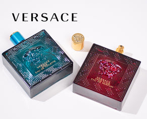 Versace Eros and Versace Eros Flame fragrance bottles on a white background.