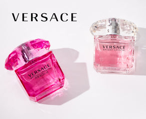 Versace Bright Crystal and Bright Crystal Absolu perfumes styled on a white background.