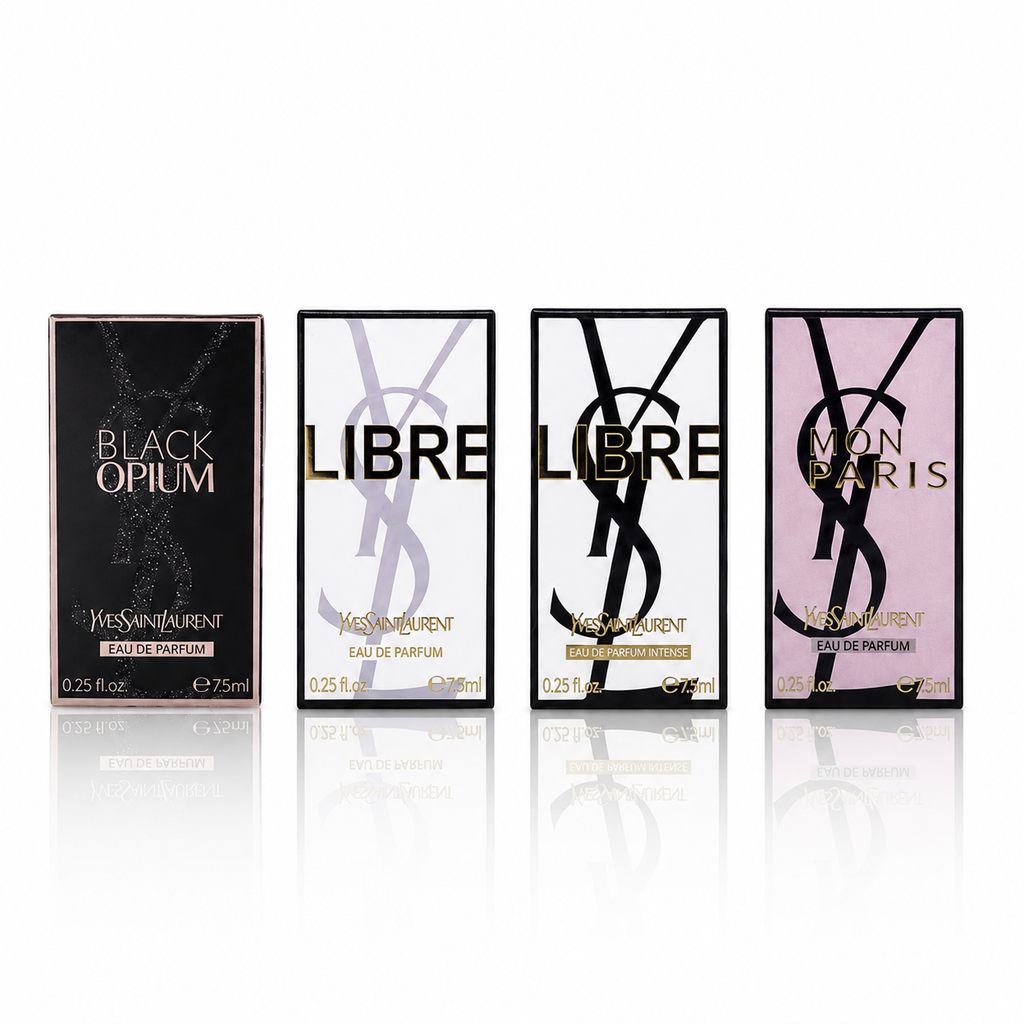 YSL 4-Piece Mini Gift Set with Black Opium EDP, Libre EDP, Libre Intense EDP, and Mon Paris EDP at 0.25 oz. each.